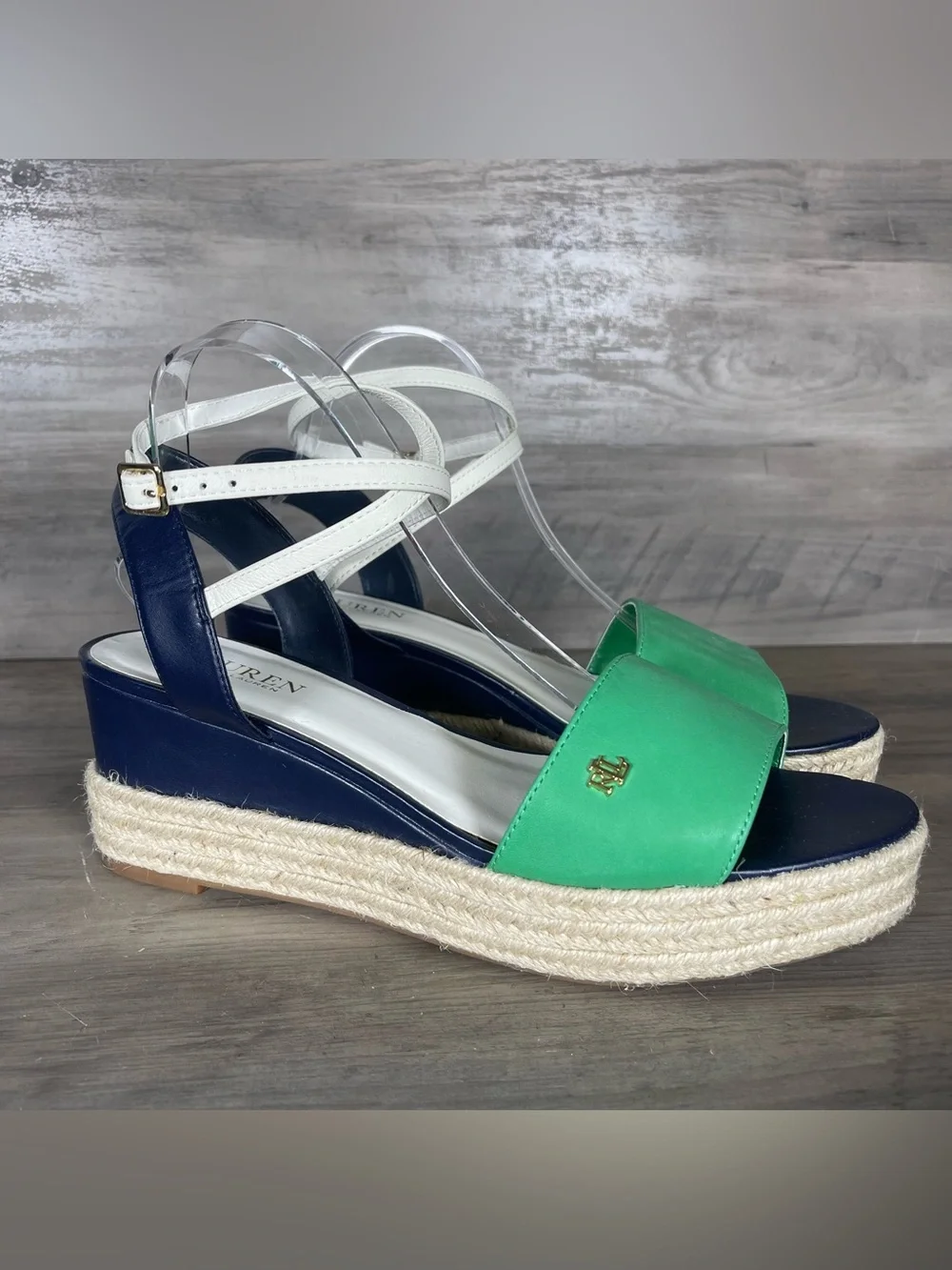 Lauren Ralph Lauren Womens 11 Kelly Green Blue Leather Strappy Espadrilles